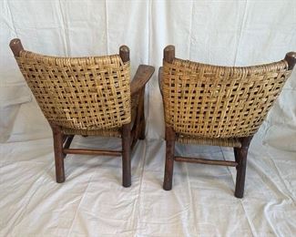 $2000 PAIR, 1940's Old Hickory High Back arm rests chair has original open weave rattan cane seat and back