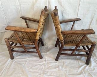 $2000 PAIR, 1940's Old Hickory High Back arm rest chair has original open weave rattan cane seat and back