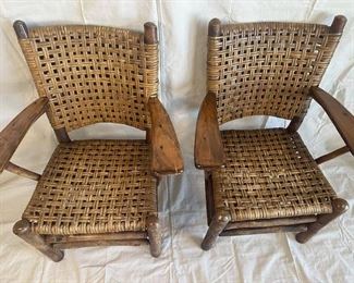 $2000 PAIR, 1940's Old Hickory High Back arm rests chair has original open weave rattan cane seat and back