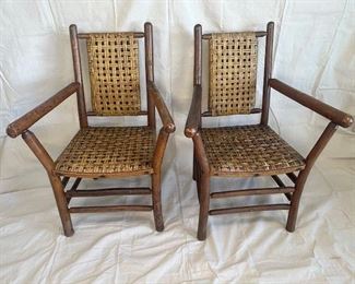 $1800 PAIR, 1940's Old Hickory High Back arm chair has original open weave rattan cane seat and back
