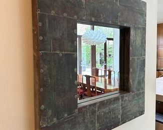$850, Contemporary Industrial Copper Paneled Mirror 34"
