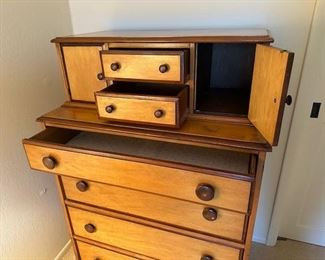 $900, satin sycamore chest with mahogany cockbeadings, 34 x 20 x 50