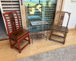 Antique Chinese Student chairs. $800 Red lacquer chair; $600 elmwood chair