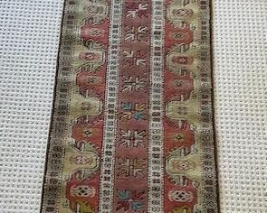 $300 Burgundy yellow handmade wool runner/ rug 109 x 30