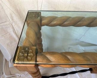 $900, 60 x 16 x 36, Glass and scroll wood side table