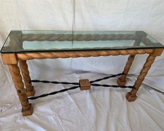 $900, 60 x 16 x 36, Glass and scroll wood side table