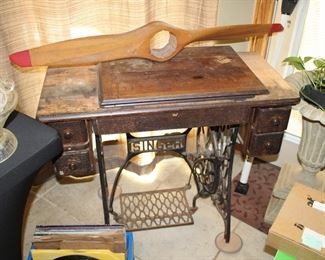 vintage Singer treadle sewing machine; wooden propeller