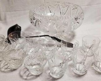 Vintage Cut-Glass Punch Bowl w/12 Cups & Ladle (LPO)