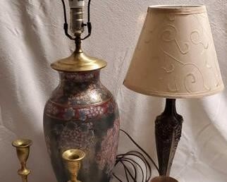 (2) Table Lamps, Vase & (2) Brass Candlesticks (LPO)