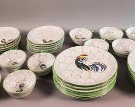 Set of Rooster Print Plates, Cups & Saucers (LPO)