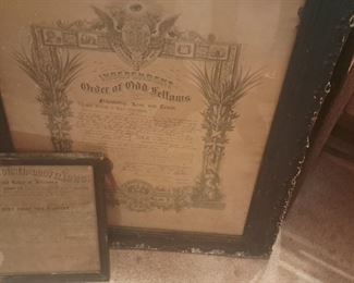 1860s Odd Fellows document on left, early 1900s Odd Fellows document on the right. Local chapter