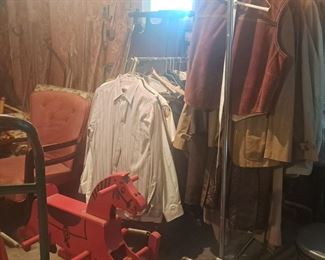 Garage is full of vintage men's clothing , primitives, etc;