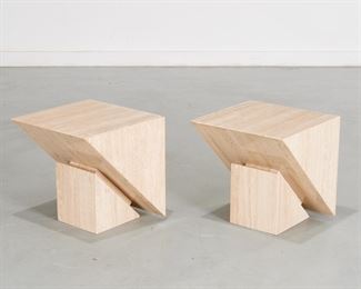 Pair Post-Modern travertine marble side tables