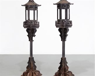Pair large Chinese Zitan lanterns on stands