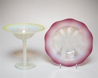 L.C. Tiffany pastel Favrile glass bowl & compote