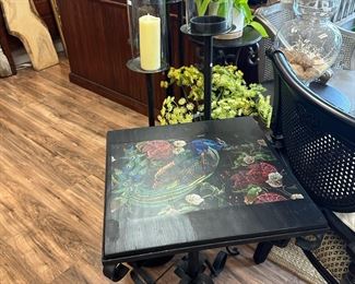 Vintage Hand Painted Peacock Side Table with Cast Iron Base