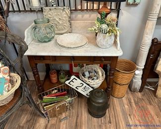 Antique Victorian Walnut Marble Topped Serving Stand