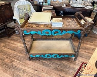 Antique Hand Carved Serving Stand with Mosaic Wood Inlay