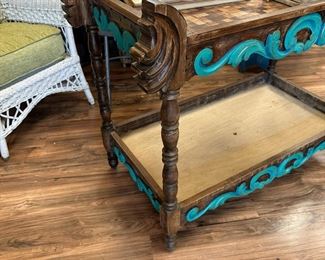 Antique Hand Carved Serving Stand with Mosaic Wood Inlay
