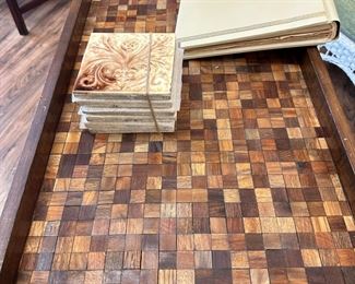 Antique Hand Carved Serving Stand with Mosaic Wood Inlay