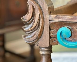 Antique Hand Carved Serving Stand with Mosaic Wood Inlay