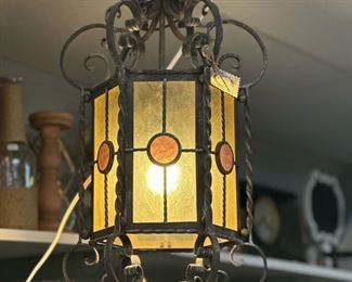 Vintage Arts and Crafts Hanging Colored Glass Swag Lamp