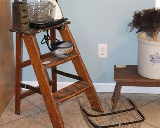 Primitive ladder shown with vintage Sunbeam mixer.