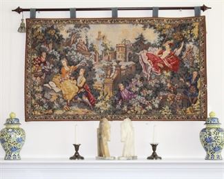 French tapestry, Andrea ginger jars, alabaster bookends and sterling weighted candlesticks.