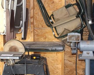 Craftsman belt/disc sander, two wheel grinder on pedestal stand and outdoor chairs.