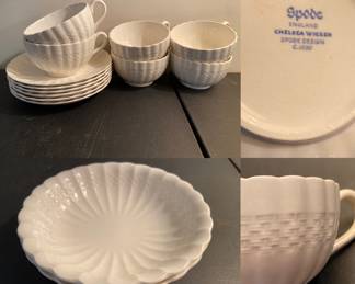 Vintage Spode England Chelsea Wicker China Cups & Saucers & 2 Small Bread Plates