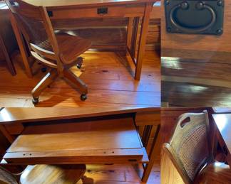 Small Oak Mission Style Computer/Writing Desk within Cane Back Oak Rolling Office Chair 