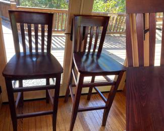 Pair Wood Slat Back Barstools 