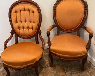 Pair Antique Victorian Baloon Back Parlor Lady’s and Gent’s Chairs