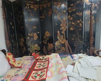 8 ft eight panel coral manderian screen.  Hand made quilts