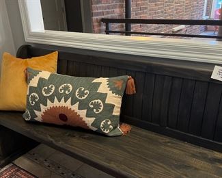 Vintage inspired pew and pillows. Great for entryways! 
