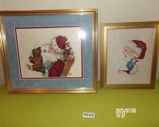 beautiful crosstitch c1990 framed Santa's