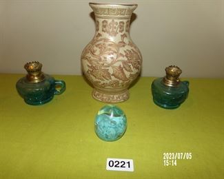 vtg blue glass oil lamps, art glass paperweight, gold vase by Andrea