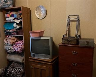 Dresser, nightstand, sheets, TV/VCR