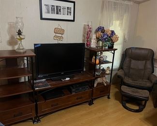chair and ottoman, entertainment center, tv
