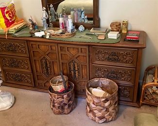 Dresser with mirror, baskets, & magazine stand