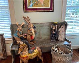 Antique bench, wooden rocking chair, lots of dolls