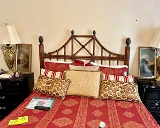 Bamboo rattan headboard, pair of black lacquer nightstands, pair of brass lamps