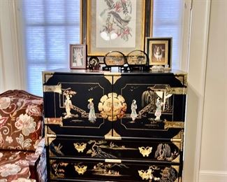 Ebony Asian cabinet with 3 drawers under it and brass fixtures