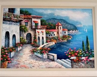 Vintage Mediterranean Villas on a Seaside Framed Art Signed K. Wallis 