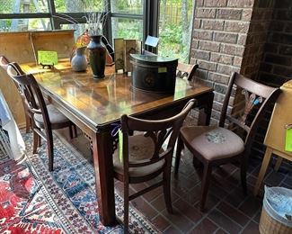 Drexel Chippendale dining table with two 20” leaves. 
Also available is a set of 6 Tell City fan back chairs with needlepoint seats. 