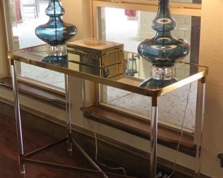 Nicole Miller Home box, blue glass lamps, modern console table
