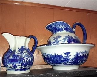 Blue & White Pitchers W/ Bowl