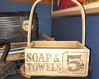 Vintage Soap & Towels Wooden Handled Basket