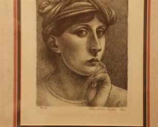 Alan Evan Feltus (American, New York / Italy, 1943-). Lithograph portrait of a woman. Signed in pencil lower right and numbered 58/150 lower left. Sheet 11" x 8 3/8" (with frame 15 3/4" x 13 1/4").