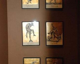 Commedia dell'arte troupe, gold leaf prints, bought in Barcelona